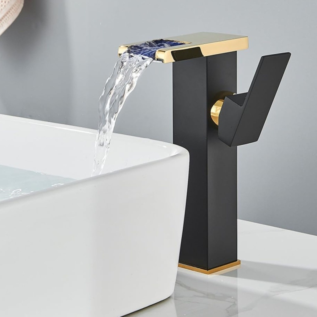 8036 - Tall Waterfall Gold and Black Mixer Tap