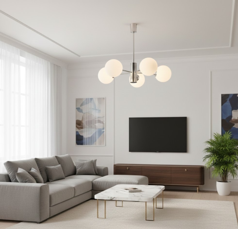 3545-5 Chrome and White Glass Pendant Lamp