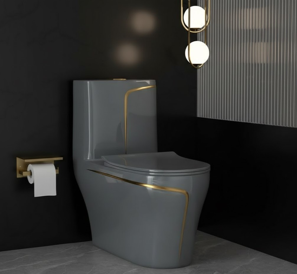  2850- Bright Grey and Gold One-Piece Toilet 