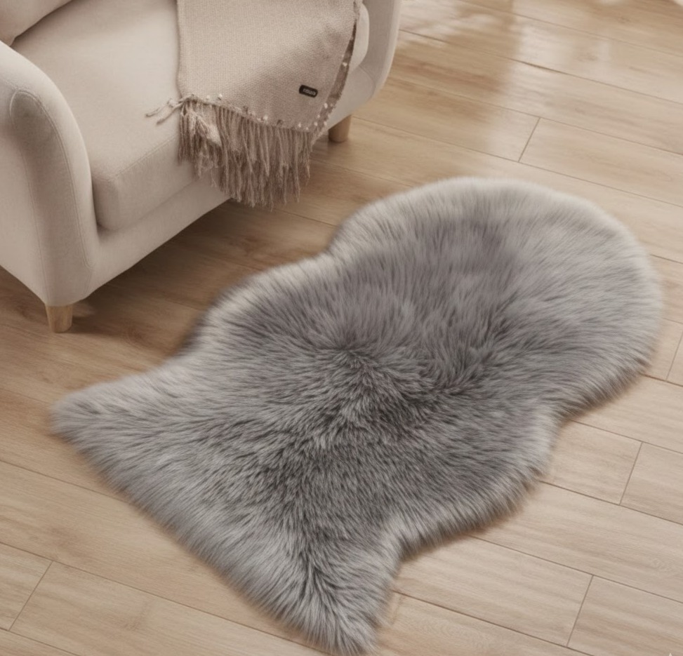 C04 - Grey Sheepskin Fluffy Rug Sheepskin 60x90cm_(Grey)